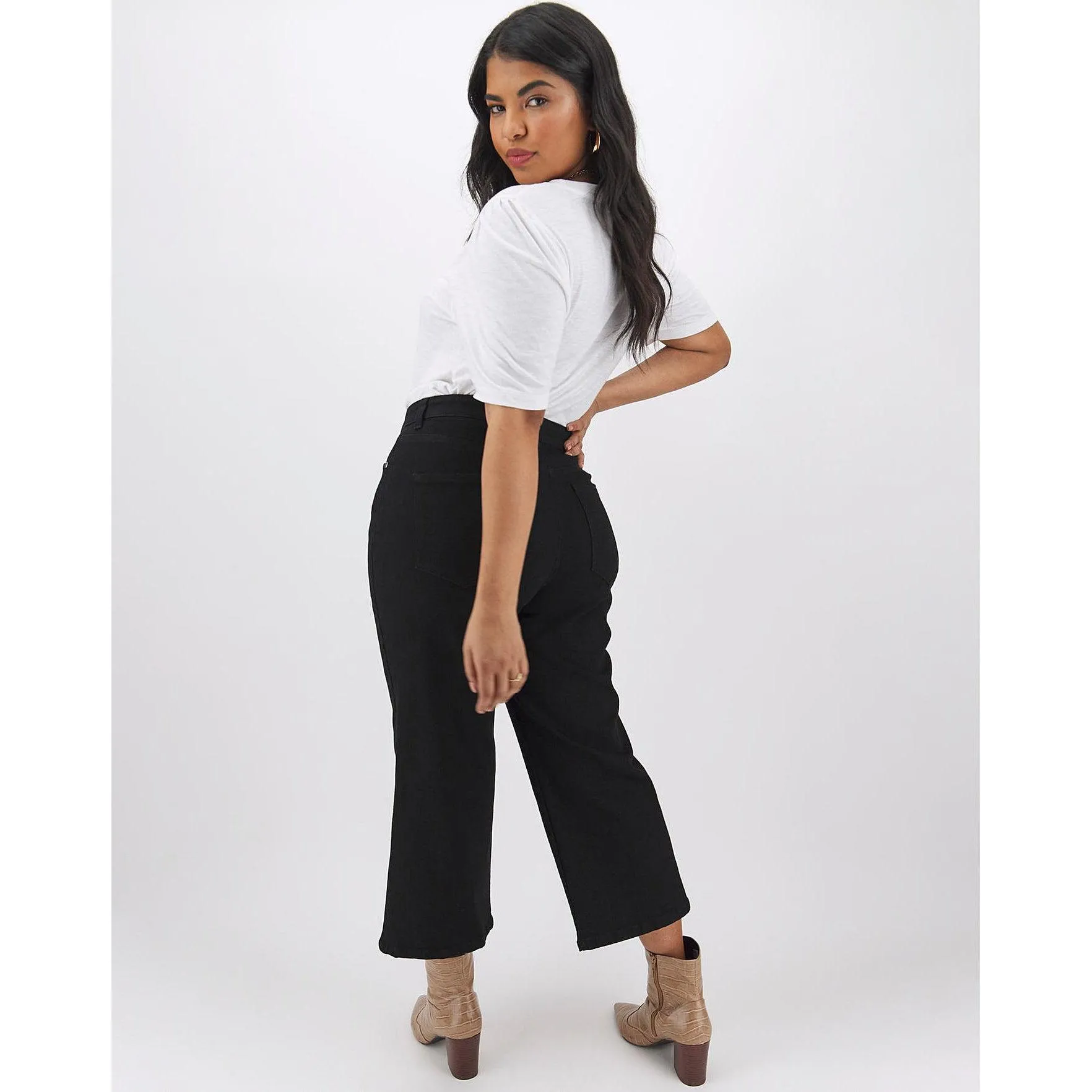 Simply Be Joss Button Front Crop Wide Leg Jeans Black UK 10