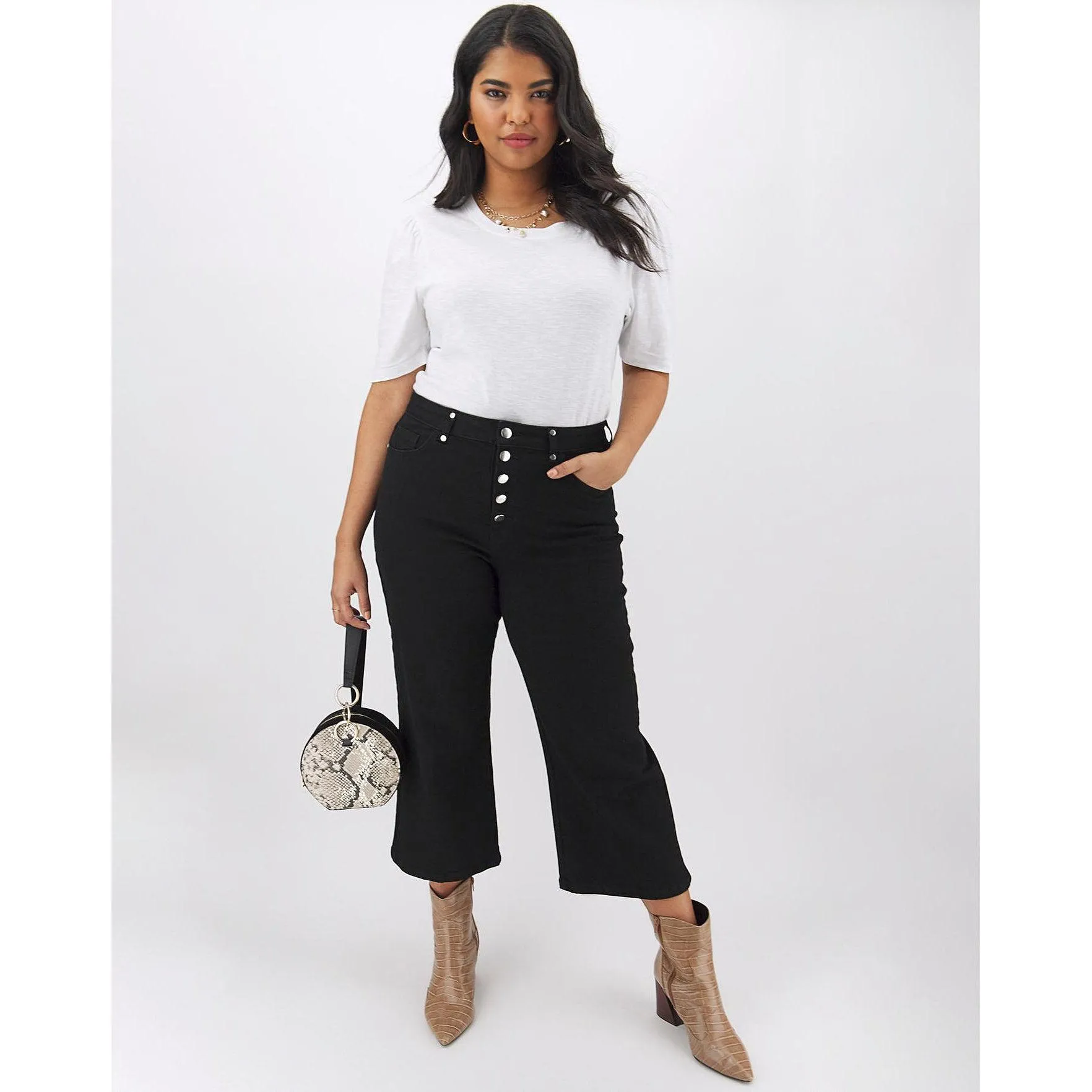Simply Be Joss Button Front Crop Wide Leg Jeans Black UK 10