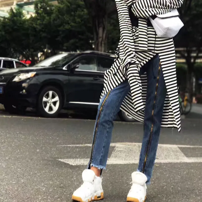 Slim High Waist Back Hip Zipper Irregular 9/10 Long Jeans Pants