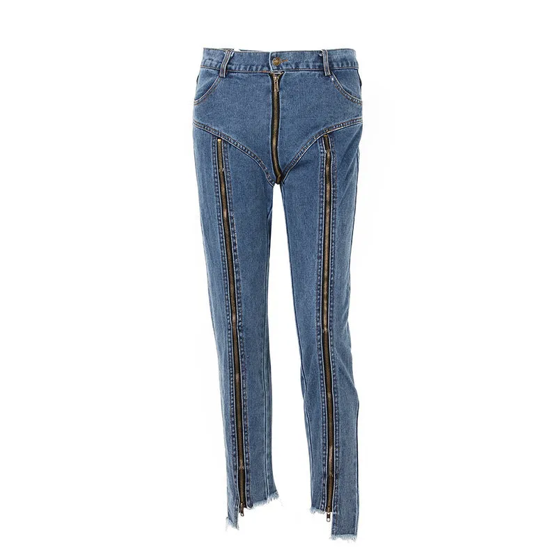 Slim High Waist Back Hip Zipper Irregular 9/10 Long Jeans Pants