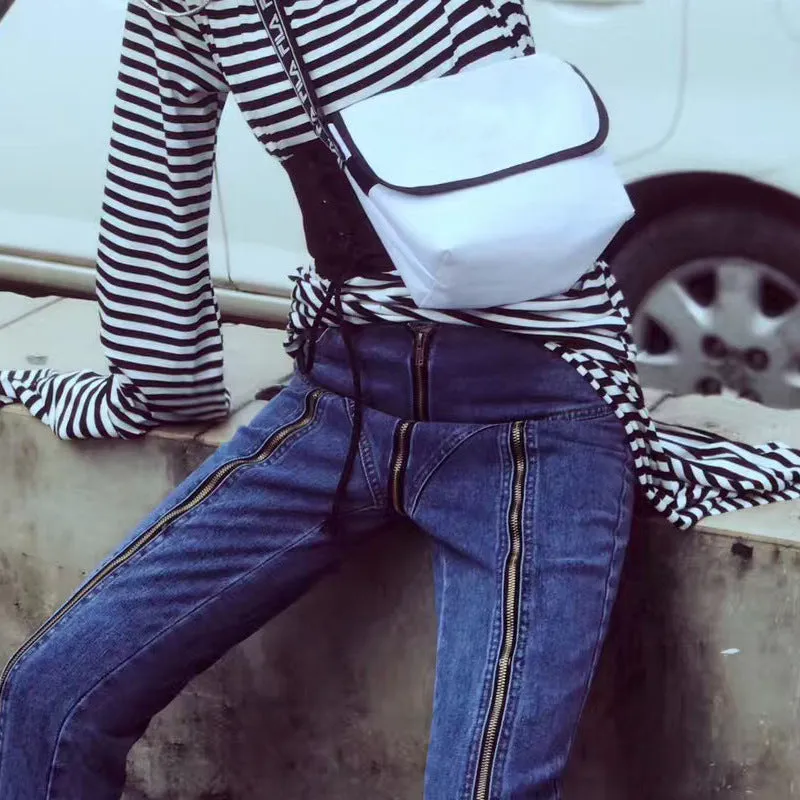 Slim High Waist Back Hip Zipper Irregular 9/10 Long Jeans Pants