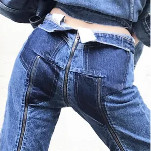 Slim High Waist Back Hip Zipper Irregular 9/10 Long Jeans Pants