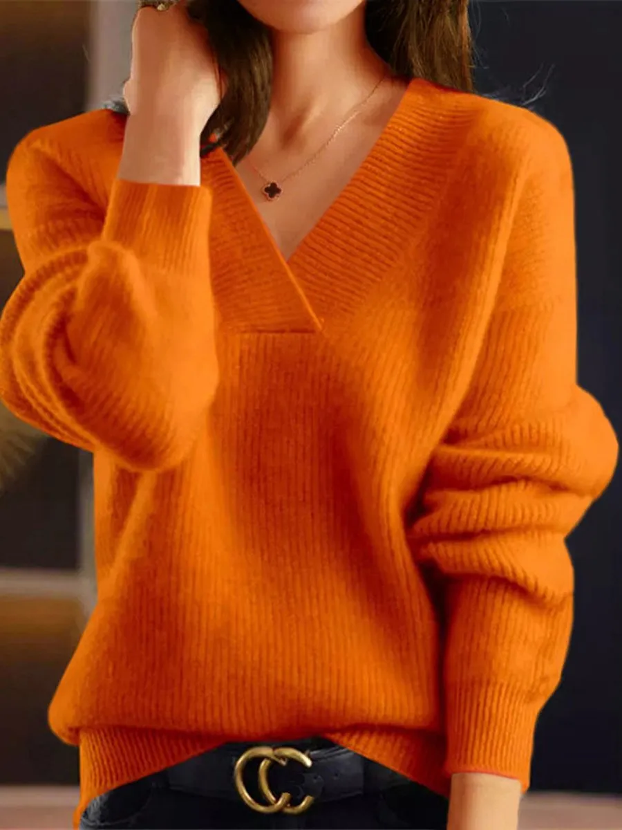 Solid Color V-Neck Knit Sweater