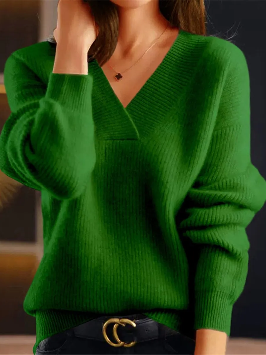 Solid Color V-Neck Knit Sweater
