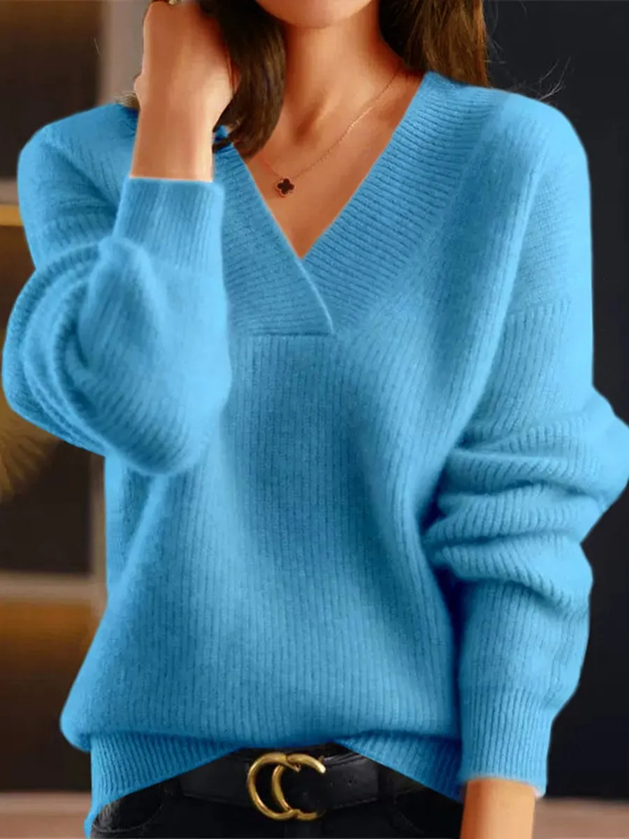 Solid Color V-Neck Knit Sweater
