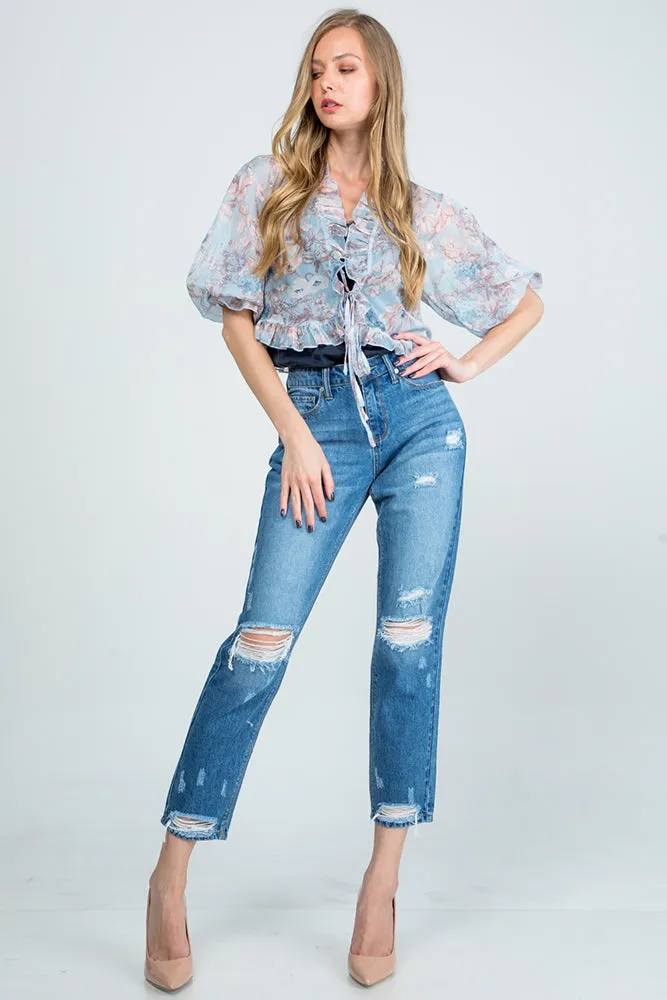 Special A Mid Rise Distressed Mom Jeans