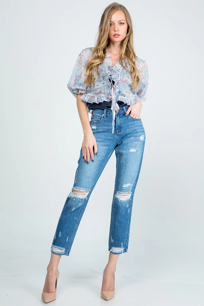Special A Mid Rise Distressed Mom Jeans