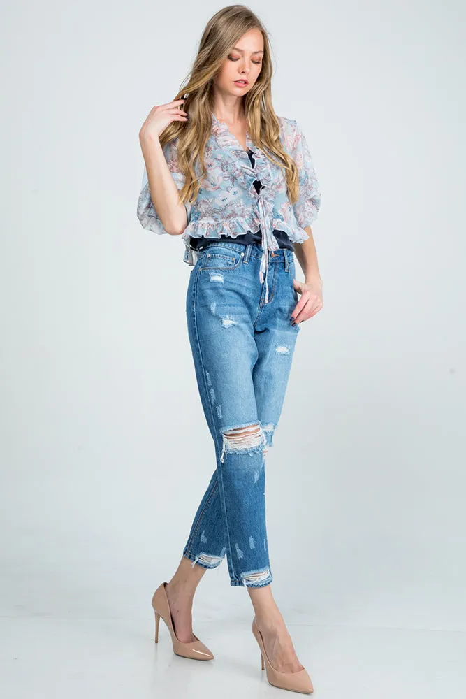 Special A Mid Rise Distressed Mom Jeans