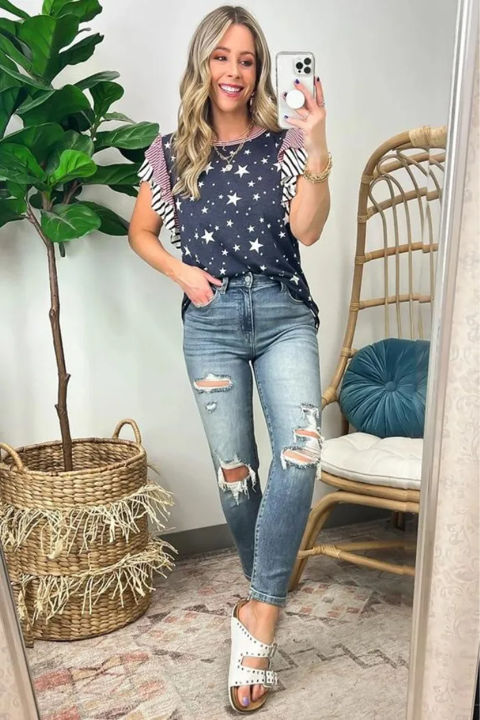 Striped Ruffled Sleeve Star Print T Shirt