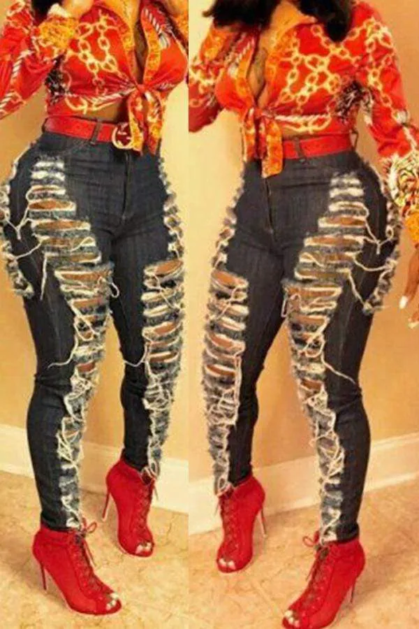 stylish broken holes dark blue jeans