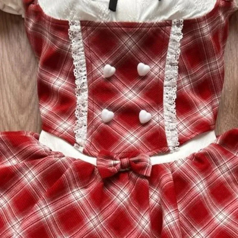 TAVIMART  -  Sweet Elegant Lolita Style 2 Piece Sets Women Kawaii White Shirts Cute Love Button Bow Plaid Dresses Japanese Fashion Skirt Suit