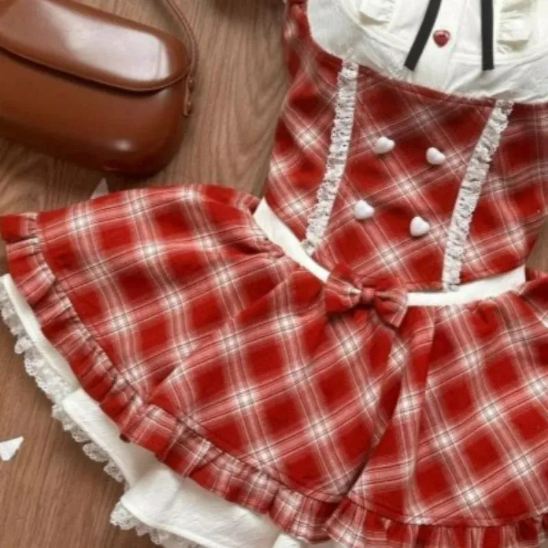 TAVIMART  -  Sweet Elegant Lolita Style 2 Piece Sets Women Kawaii White Shirts Cute Love Button Bow Plaid Dresses Japanese Fashion Skirt Suit