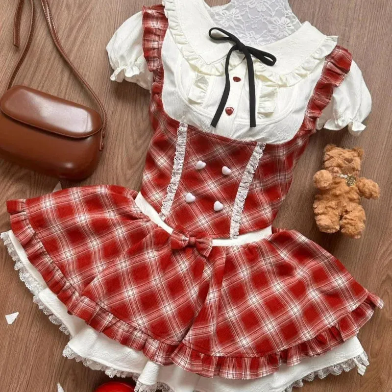 TAVIMART  -  Sweet Elegant Lolita Style 2 Piece Sets Women Kawaii White Shirts Cute Love Button Bow Plaid Dresses Japanese Fashion Skirt Suit