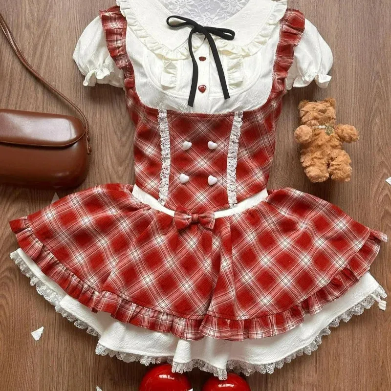 TAVIMART  -  Sweet Elegant Lolita Style 2 Piece Sets Women Kawaii White Shirts Cute Love Button Bow Plaid Dresses Japanese Fashion Skirt Suit