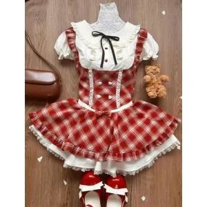 TAVIMART  -  Sweet Elegant Lolita Style 2 Piece Sets Women Kawaii White Shirts Cute Love Button Bow Plaid Dresses Japanese Fashion Skirt Suit