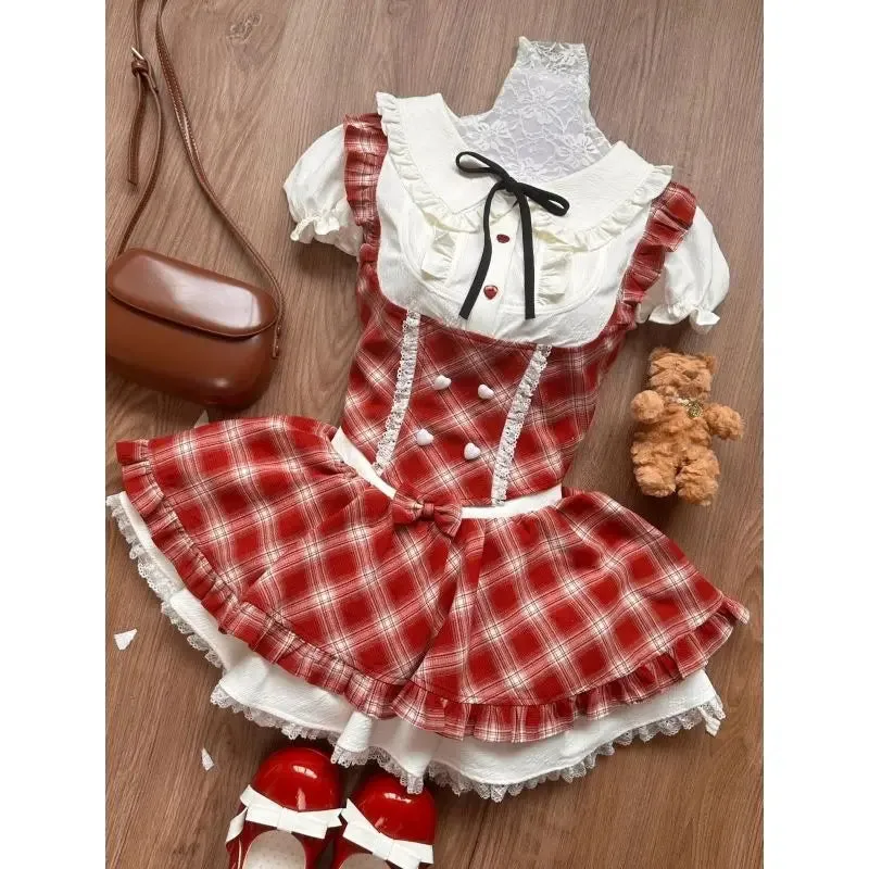 TAVIMART  -  Sweet Elegant Lolita Style 2 Piece Sets Women Kawaii White Shirts Cute Love Button Bow Plaid Dresses Japanese Fashion Skirt Suit