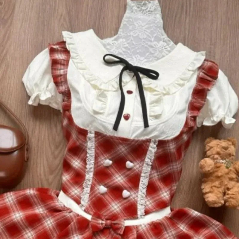 TAVIMART  -  Sweet Elegant Lolita Style 2 Piece Sets Women Kawaii White Shirts Cute Love Button Bow Plaid Dresses Japanese Fashion Skirt Suit