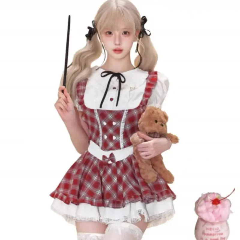 TAVIMART  -  Sweet Elegant Lolita Style 2 Piece Sets Women Kawaii White Shirts Cute Love Button Bow Plaid Dresses Japanese Fashion Skirt Suit