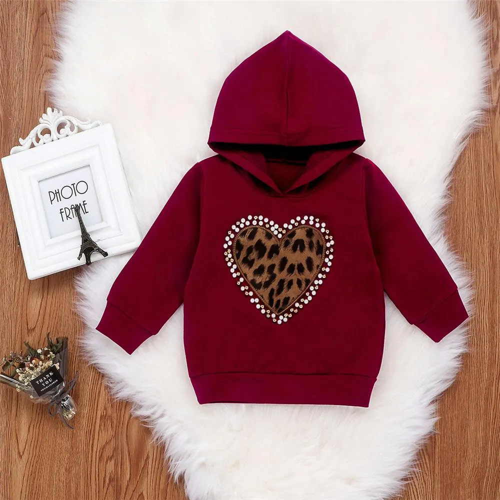 Toddler Girls Heart Beaded Leopard Hooded Top & PU Pants Girl Wholesale