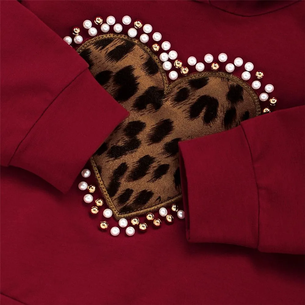 Toddler Girls Heart Beaded Leopard Hooded Top & PU Pants Girl Wholesale