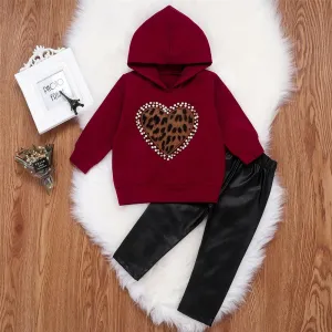 Toddler Girls Heart Beaded Leopard Hooded Top & PU Pants Girl Wholesale