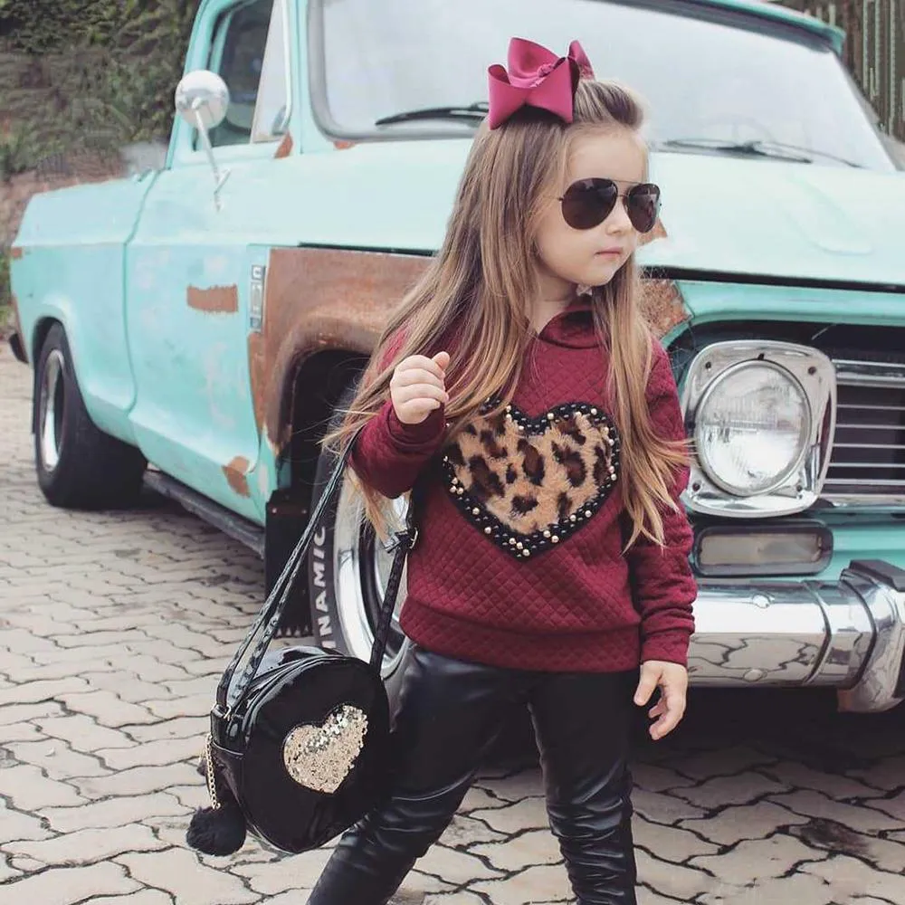 Toddler Girls Heart Beaded Leopard Hooded Top & PU Pants Girl Wholesale