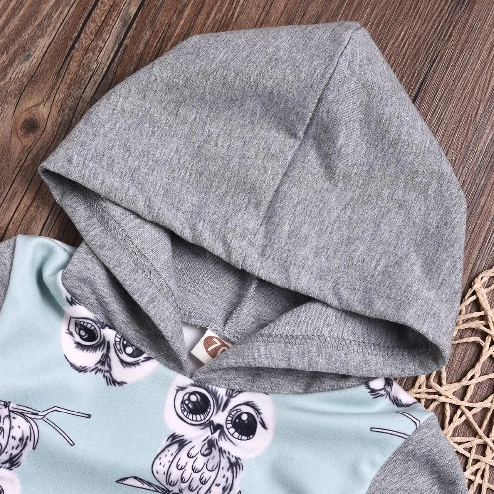 Unisex Owl Cartoon Printed Hooded Top & Pants Boys Casual Suits