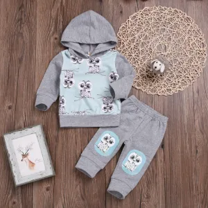 Unisex Owl Cartoon Printed Hooded Top & Pants Boys Casual Suits