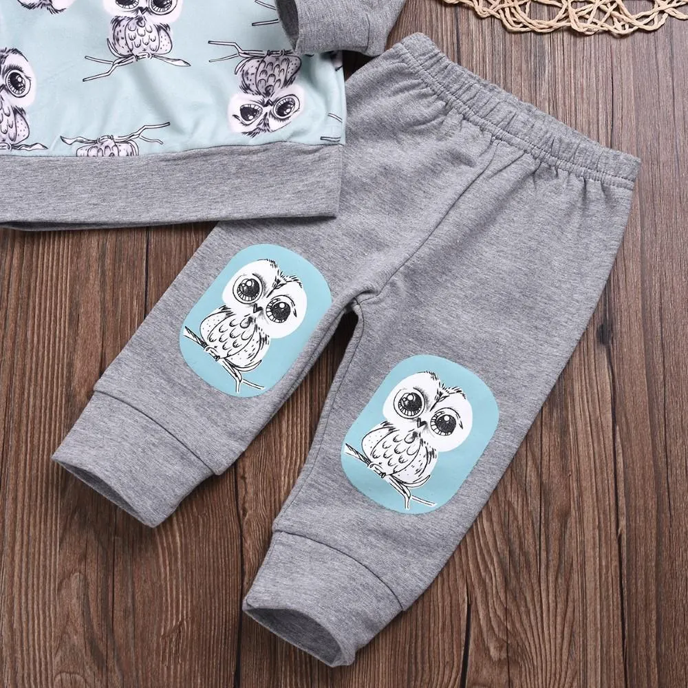 Unisex Owl Cartoon Printed Hooded Top & Pants Boys Casual Suits