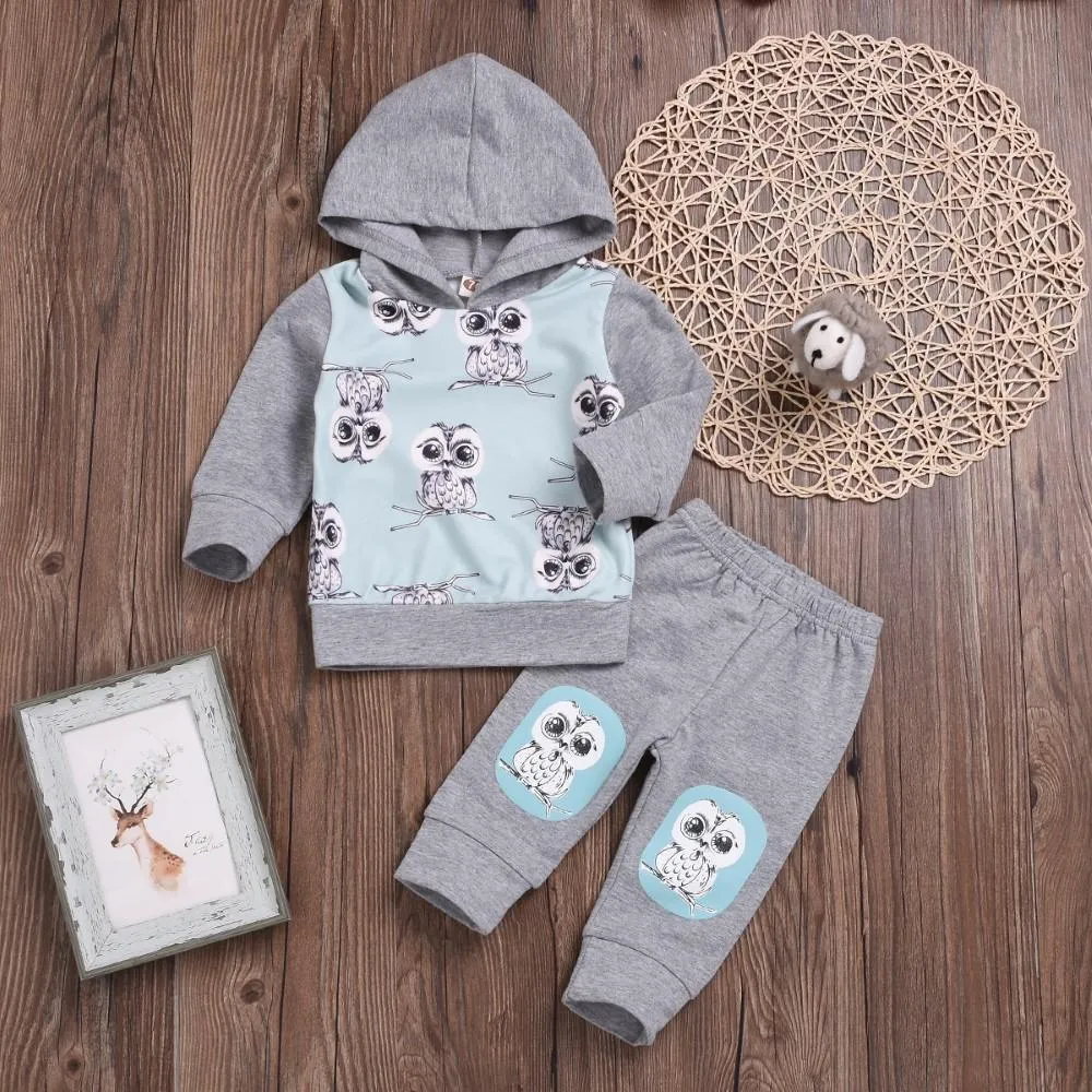 Unisex Owl Cartoon Printed Hooded Top & Pants Boys Casual Suits