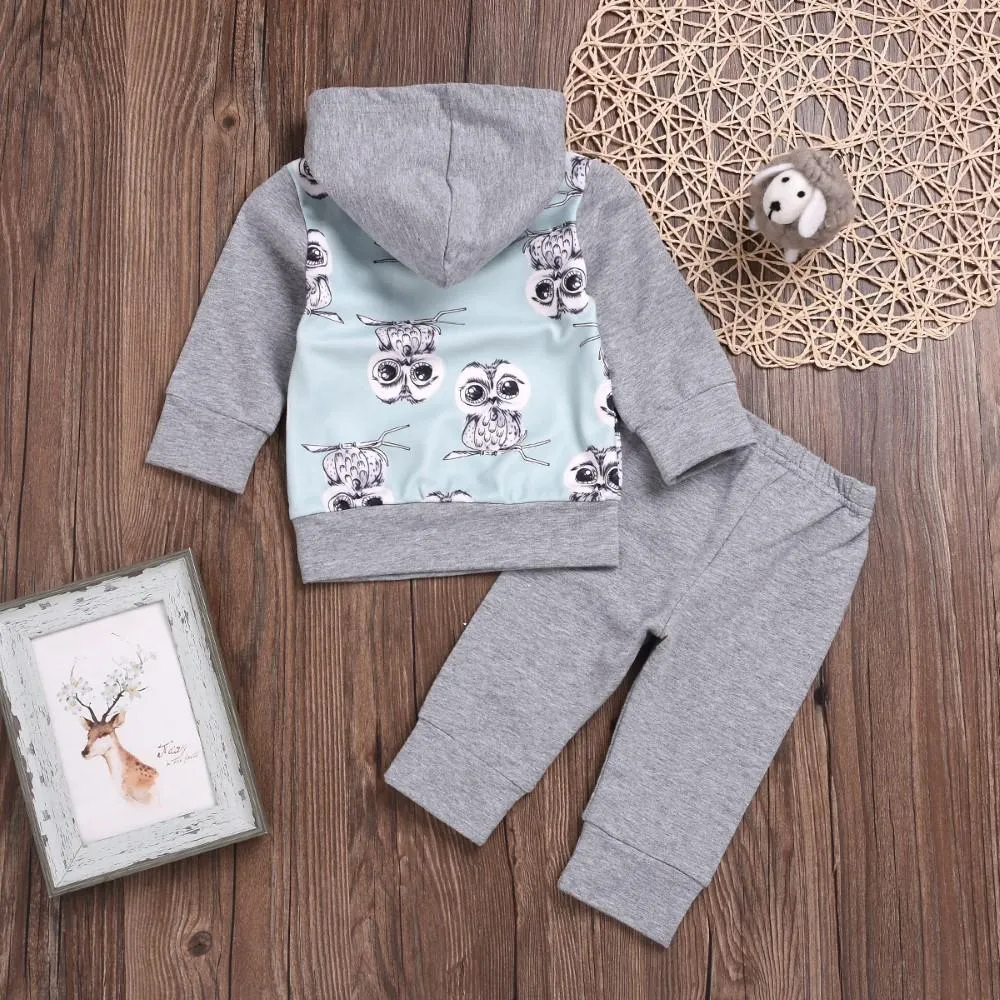 Unisex Owl Cartoon Printed Hooded Top & Pants Boys Casual Suits