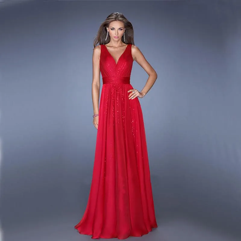 V-neck Slim Fit Backless Long A-line Party Prom Dress