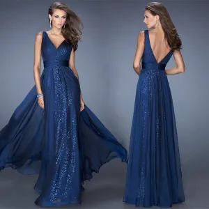 V-neck Slim Fit Backless Long A-line Party Prom Dress