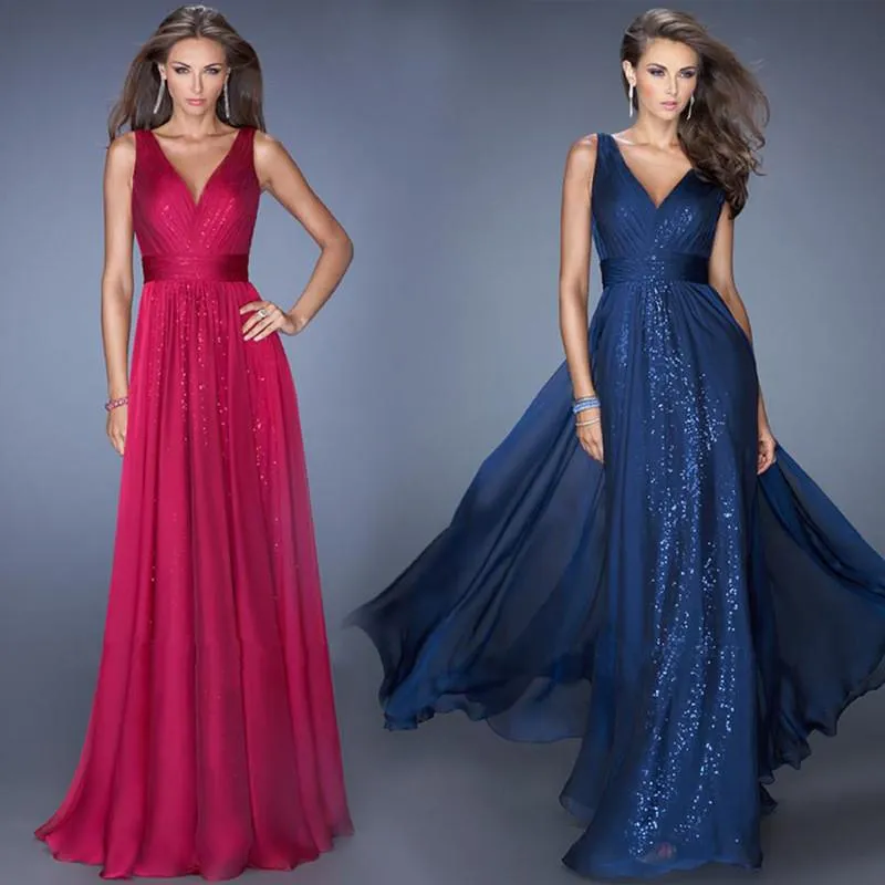 V-neck Slim Fit Backless Long A-line Party Prom Dress