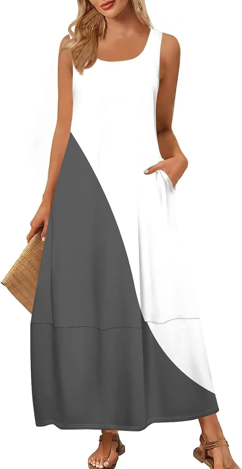 Vacation Dresses for Women 2025 Floral Printed Sleeveless Midi Dress Swing Tank Tshirt Sundresses with Pockets