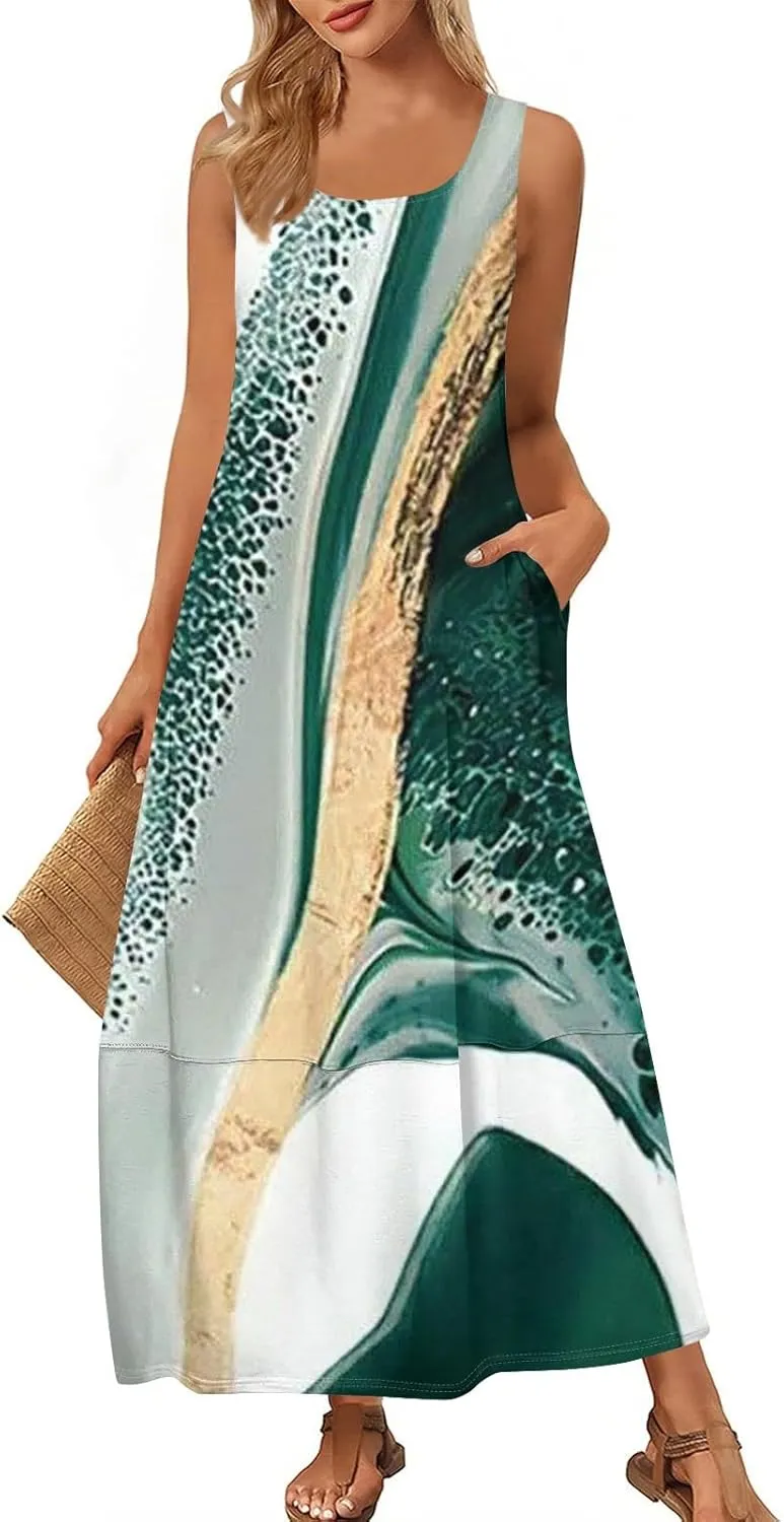 Vacation Dresses for Women 2025 Floral Printed Sleeveless Midi Dress Swing Tank Tshirt Sundresses with Pockets