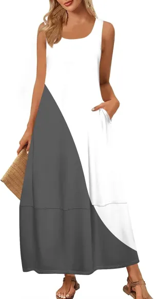 Vacation Dresses for Women 2025 Floral Printed Sleeveless Midi Dress Swing Tank Tshirt Sundresses with Pockets