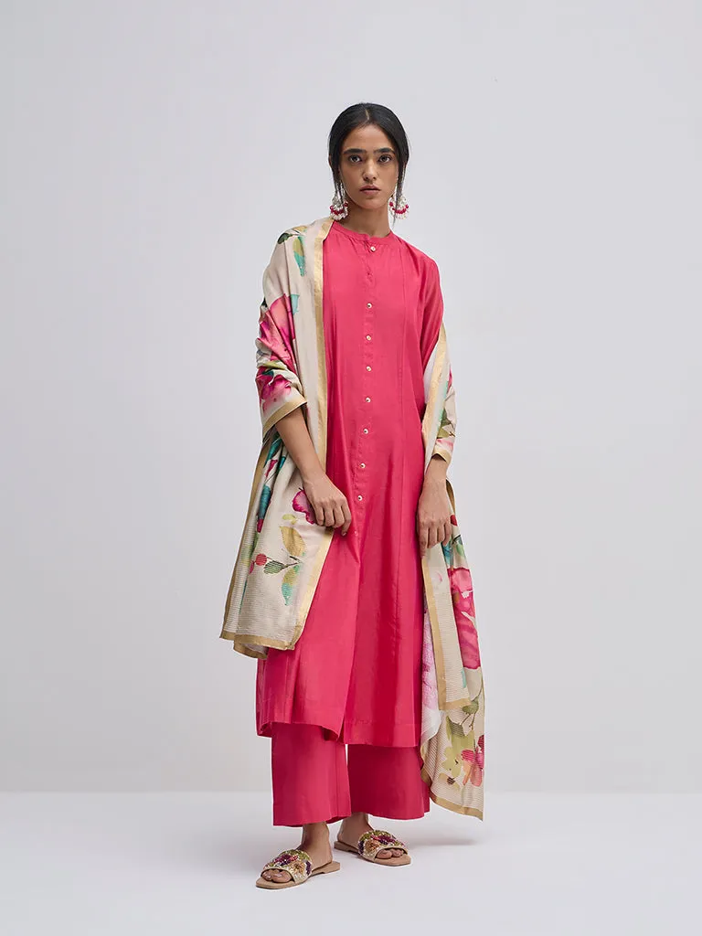 Vark Pink Solid A-Line Kurta, Pants and Dupatta Set