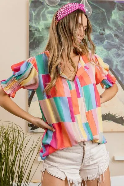 Vivid Color Block Smocked Short Sleeve Blouse