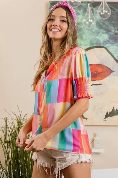 Vivid Color Block Smocked Short Sleeve Blouse