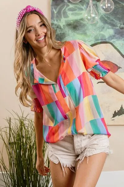 Vivid Color Block Smocked Short Sleeve Blouse