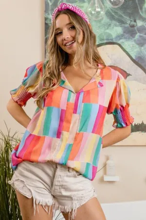 Vivid Color Block Smocked Short Sleeve Blouse