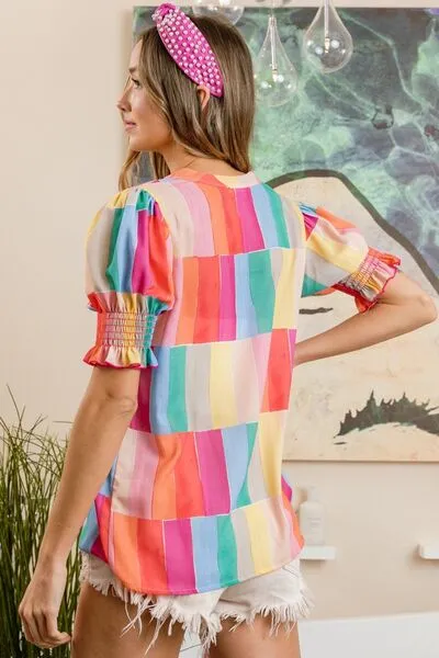 Vivid Color Block Smocked Short Sleeve Blouse