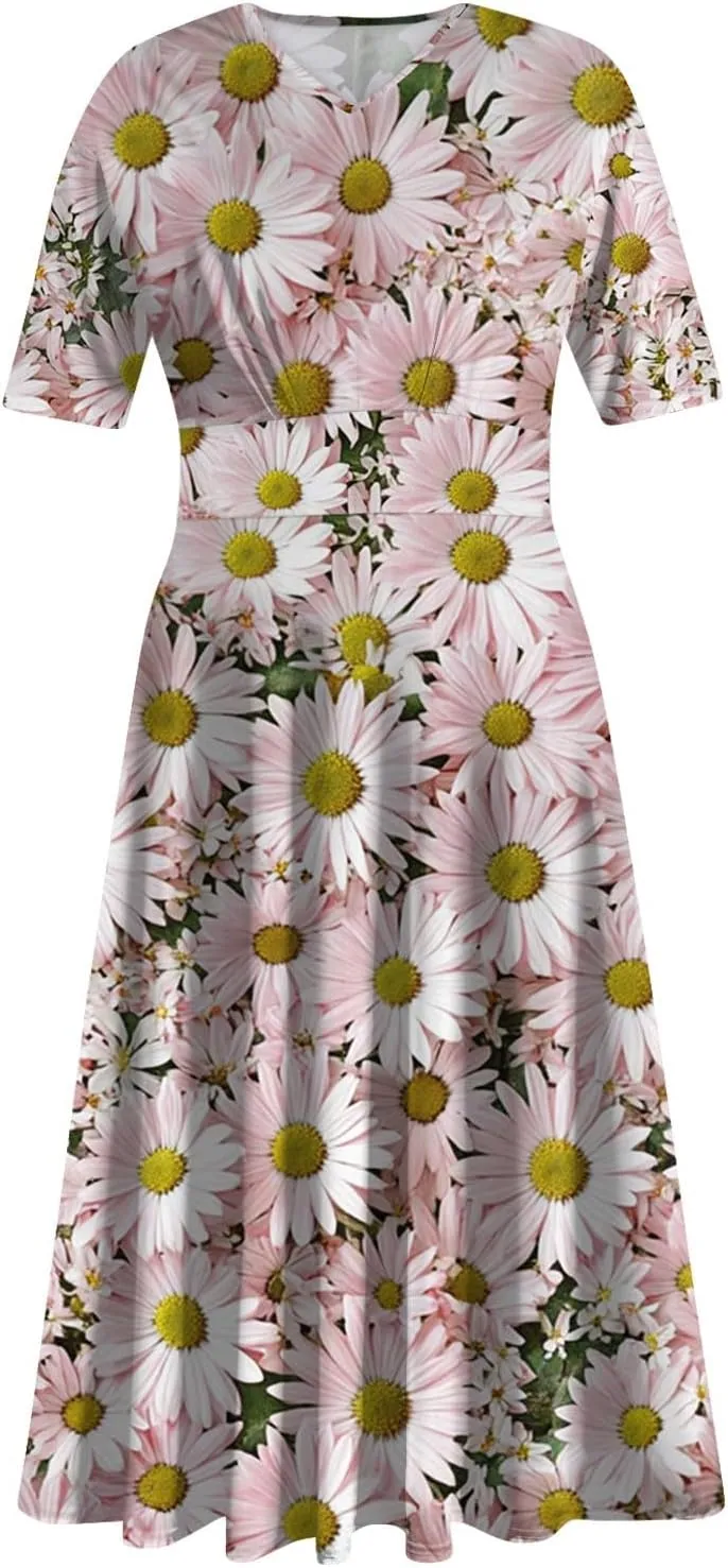 Wedding Guest Dresses for Women Midi Wide Skirt Dress Printed Fresh Natural Style Picnic Easter Parade Women's Formal Dresses