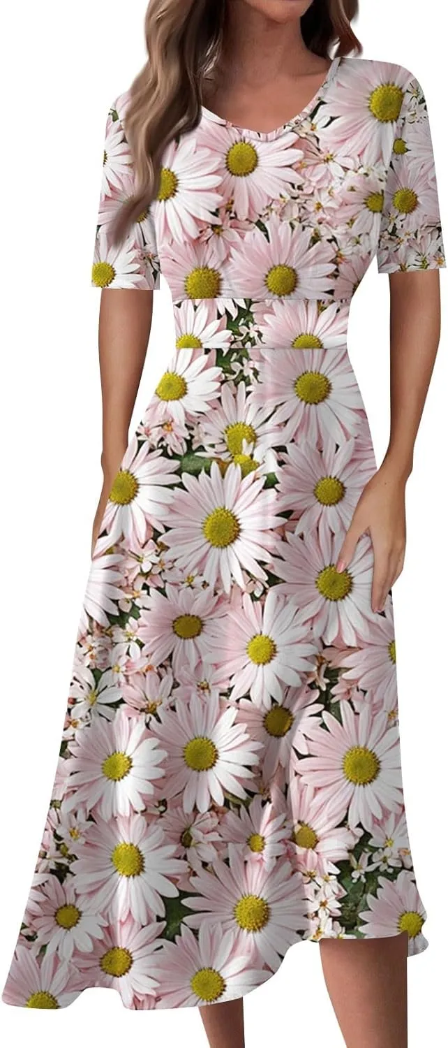 Wedding Guest Dresses for Women Midi Wide Skirt Dress Printed Fresh Natural Style Picnic Easter Parade Women's Formal Dresses
