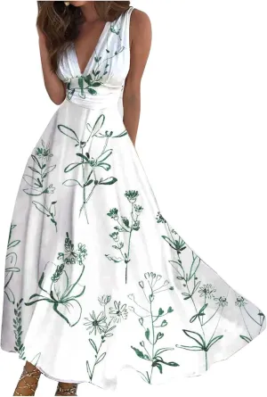 Wedding Guest Dresses for Women Wrap V Neck Sleeveless Marble Floral Printed Maxi Dress Flowy Swing Party Sundress