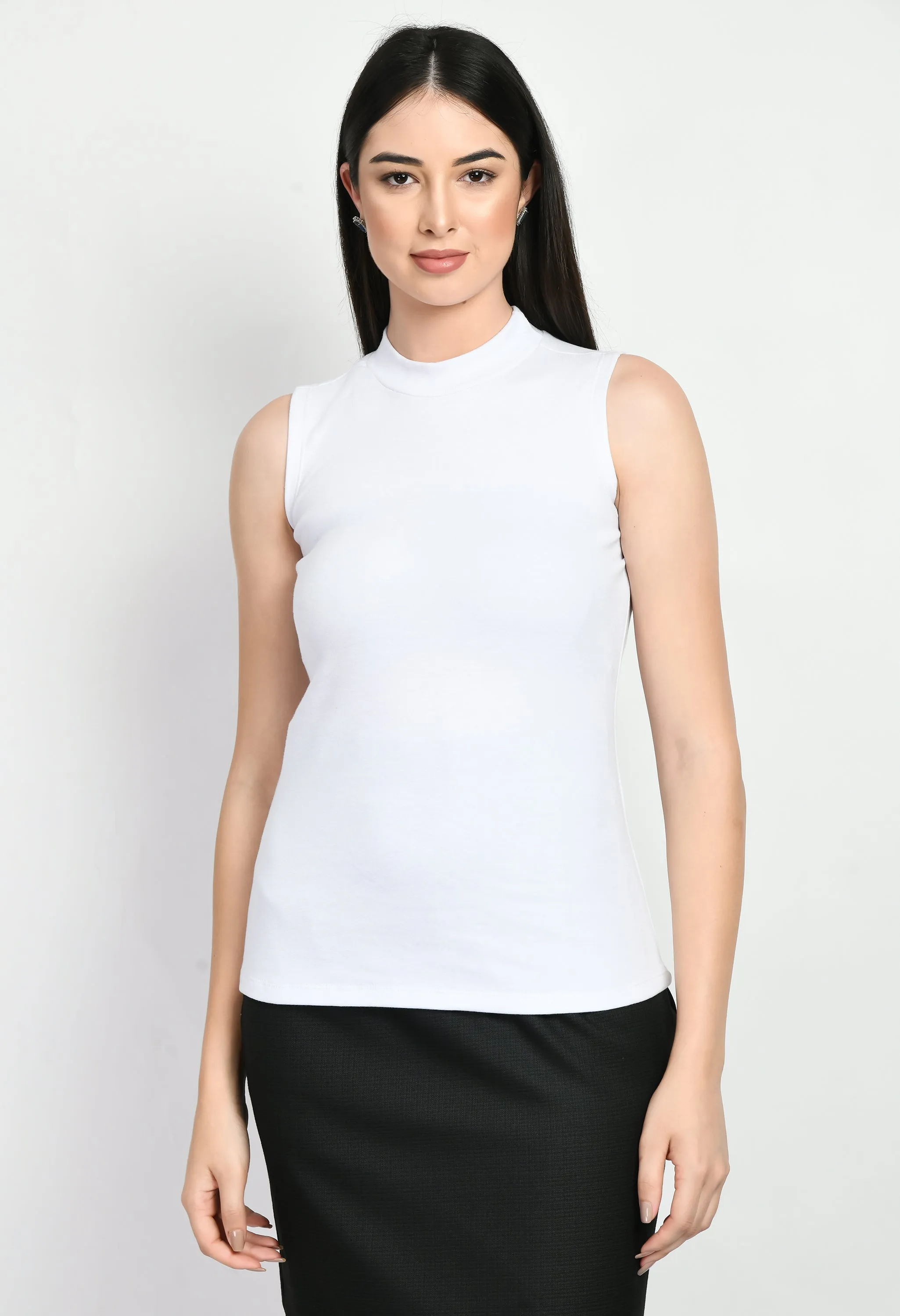 White Cotton Blend Prudence High Neck Sleeveless T-Shirt Only