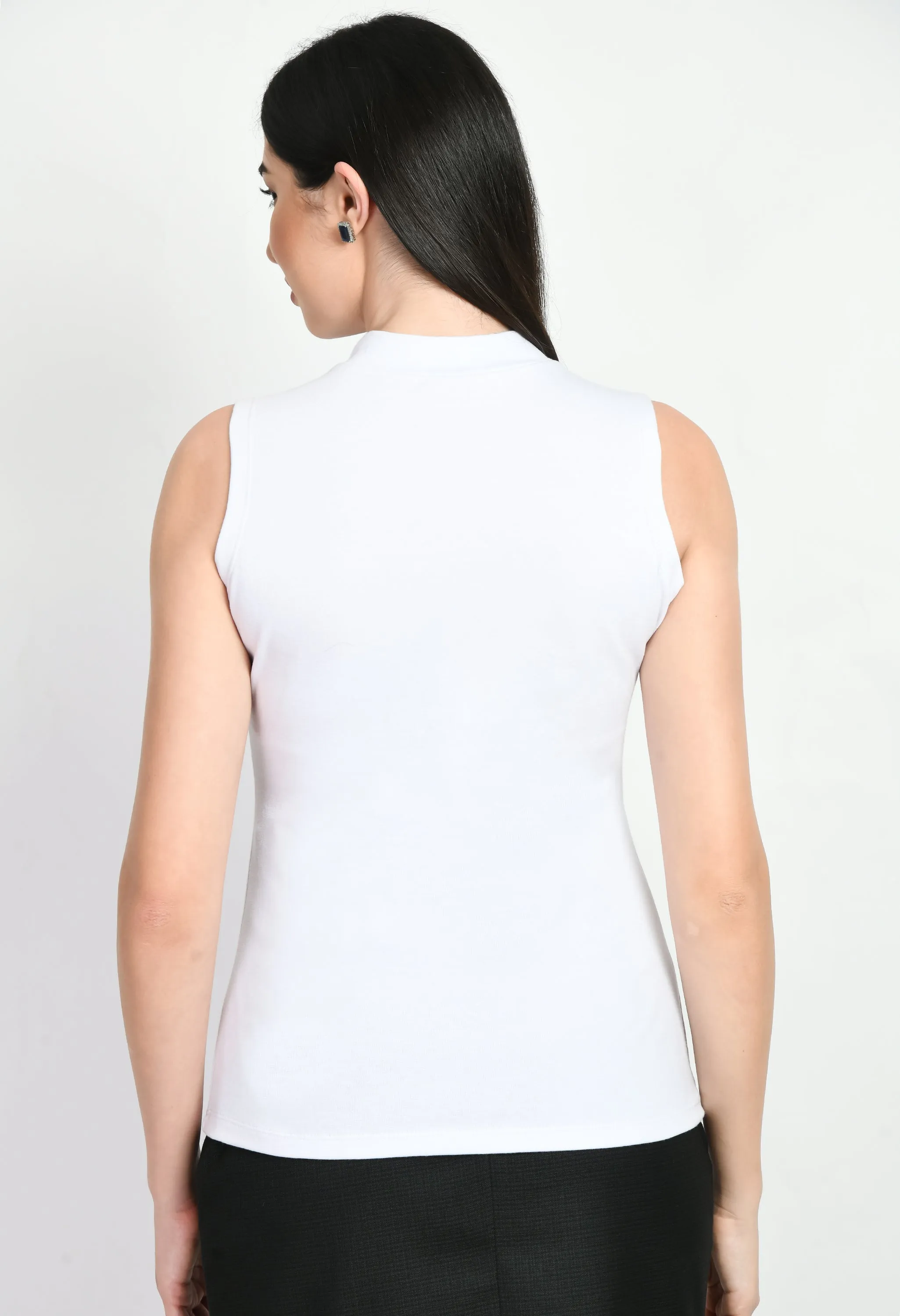 White Cotton Blend Prudence High Neck Sleeveless T-Shirt Only