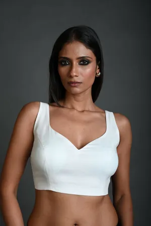 White Sleeveless Blouse in Cotton with Sweetheart Neckline and Back Cutout