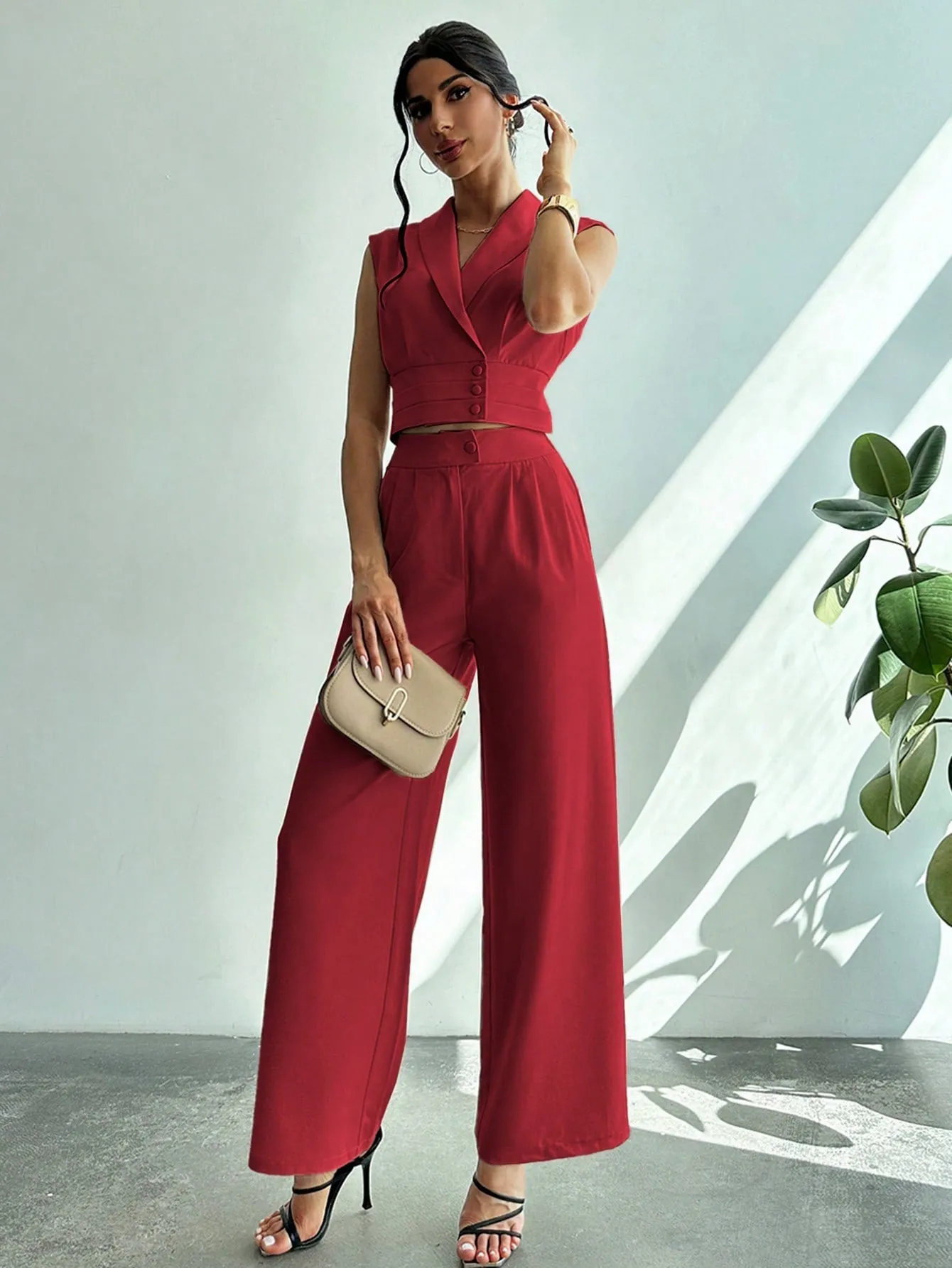 Women Commuter Elegant Collared Blouse   Straight-Leg Pants